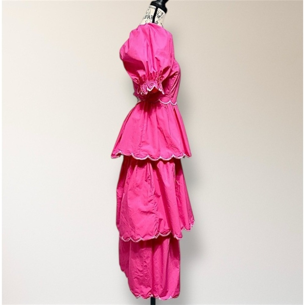 English Factory Anthropologie L Pink Scallop Tiered Maxi Dress Puff Sleeve Boho - Picture 4 of 7